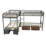 KMBOHE Twin L-Shaped Quad Bunk Bed with Storage Drawers, for 4 Kids/Teens/Adults, Heavy-Duty Metal Corner Bed with Ladder and Full-Length Guardrail, Space Saving Design, No Box Spring Needed, Black KMBOHE