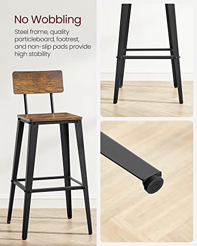 VASAGLE Industrial Style Set of 2 Backed Bar Stools with Steel Frame in Rustic Brown and Black VASAGLE
