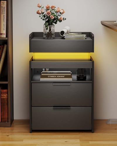 Baoz Nightstand with Gun Drawer, Charging Night Stand with USB and AC Ports, LED Nightstand, NightStands with Gun Drawer, Smart Night Stand with Sliding Top Storage Baoz