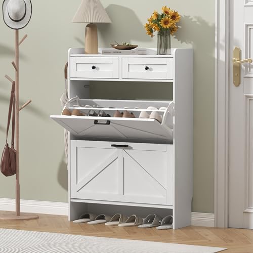 Thacuok Shoe Cabinet with 2 Flip Drawers & 2 Storage Drawers, Rustic Farmhouse Narrow Shoe Organizer Cabinet, Slim Shoe Rack Cabinet, Shoe Storage Cabinet for Entryway, Hallway, Front Door Thacuok