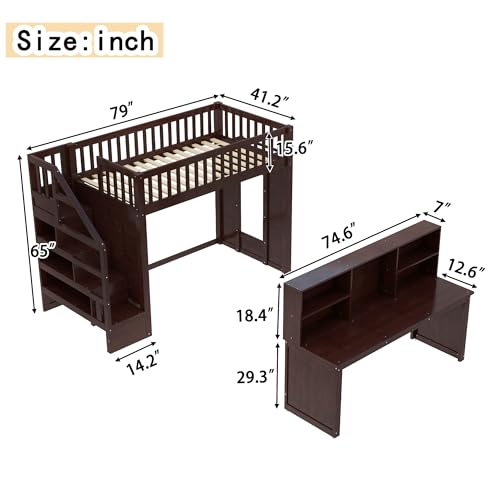 Harper & Bright Designs Twin Size Loft Bed with Stairs, Solid Wood Loft Bed with Movable Desk, Featuring Storage Stairs and Storage Shelf, for Teens Adults (Espresso) Harper & Bright Designs