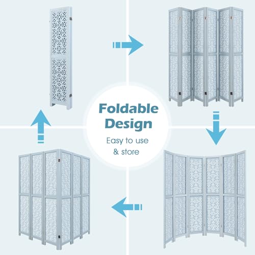 Giantex Room Divider 6 Panels - Boho Room Dividers with Carved Cutout Pattern & Solid Wood Frame, Fully Assembled, 65'' Folding Privacy Screen Partition Wall Divider for Room Separation, Light Blue Giantex