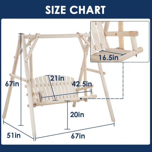 Heavy Duty 650 LBS Wooden Swing Frame, Wooden Patio Swing Chair Bench, Bench Swing with Hanging Chains,for Yard Patio Garden Upgraded A-Frame Porch Swing Bench Stand,Natural