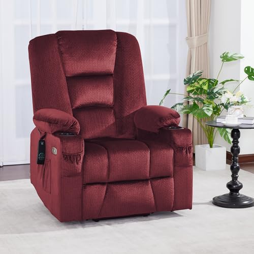 MCombo Large Power Lift Recliner Chair Sofa with Massage and Heat for Big and Tall Elderly People, 3 Positions, Cup Holders, and USB Ports, Fabric 7549 (Large, Burgundy)