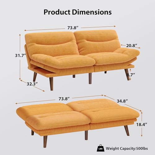 Pipishell Futon Sofa Bed, Modern 66" Futon Couch Convertible to Bed & Lounger, Compact Size, Corduroy Loveseat, Durable Construction - Fits Small Spaces, Apartments,Study Room (Yellow, 66 Inch) Pipishell