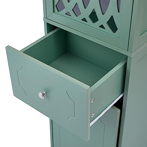 Merax Tall Storgae Cabinet Linen Tower with Adjustable Shelf, Drawer and Door, Freestanding Cupboard for Home, Kitchen or Living Room, Green - WoodArtSupply