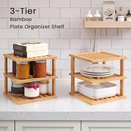 Danfoxer 2 Pack Bamboo Corner Shelf,3 Tier Kitchen Cabinet Organizer for Plates and Dishes,Pantry Storage and Spice Rack（Natural） Danfoxer