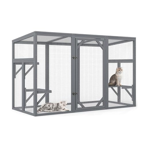 Outdoor Cat Catio House, Wooden Cat Habits with 3 Platforms, Lockable Doors, Top PC Sun Roof, Patio Yard Window Enclosures, Weatherproof, Gray Nyeekoy