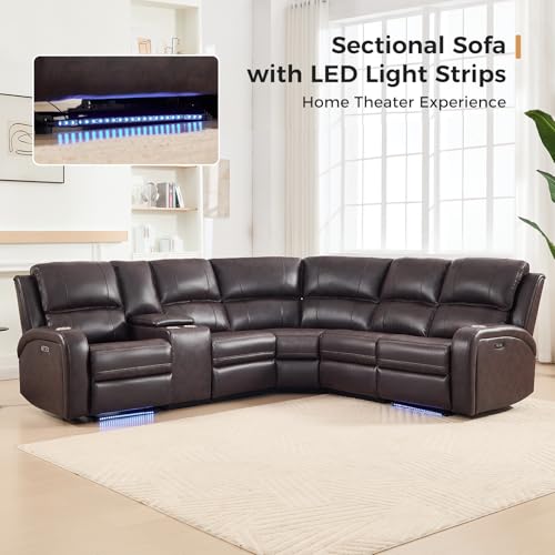EBELLO Power Reclining Sectional Sofa with LED Light, Faux Leather Sectional Couch for Living Room, Modern Corner Furniture Sets with 2 Recliner Seats, Cup Holders, Storage Console, Brown