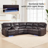 EBELLO Power Reclining Sectional Sofa with LED Light, Faux Leather Sectional Couch for Living Room, Modern Corner Furniture Sets with 2 Recliner Seats, Cup Holders, Storage Console, Brown