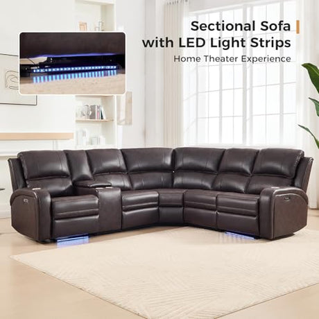 EBELLO Power Reclining Sectional Sofa with LED Light, Faux Leather Sectional Couch for Living Room, Modern Corner Furniture Sets with 2 Recliner Seats, Cup Holders, Storage Console, Brown EBELLO