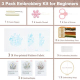 RidaaFri Embroidery Kit for Beginners, Set of 3 Flower Pattern DIY Kits for Adults & Starter, Hand Embroidery Practice Kit with Step-by-Step Guide & Video Tutorial, Includes Hoop, Needles, Floss