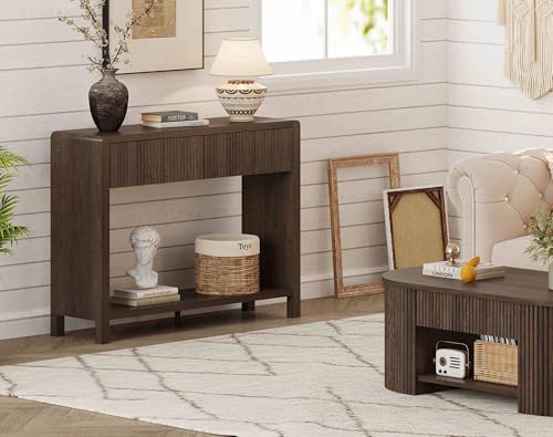 FATORRI Console Entryway Table, Narrow Wooden Sofa Table with 2 Drawers, 39.37 inch Modern Foyer Tables and Couch Tables Behind Sofa for Living Room, Hallway (Dark Walnut) FATORRI