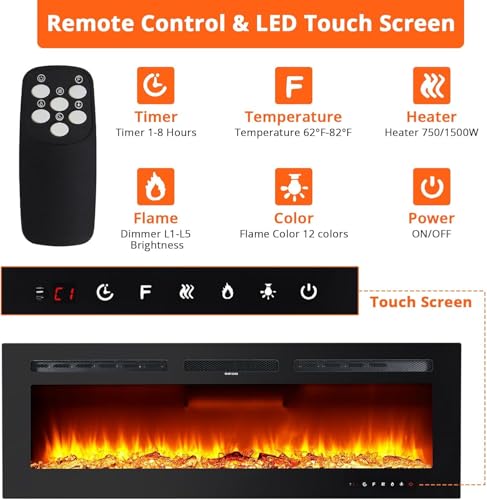 Zstar 60" Electric Fireplace Recessed and Wall Mounted with Remote Control, 750-1500W Fireplace Heater with Timer, Thermostat, Low Noise, Adjustable Flame Color, Speed & Brightness, Log & Crystals Zstar