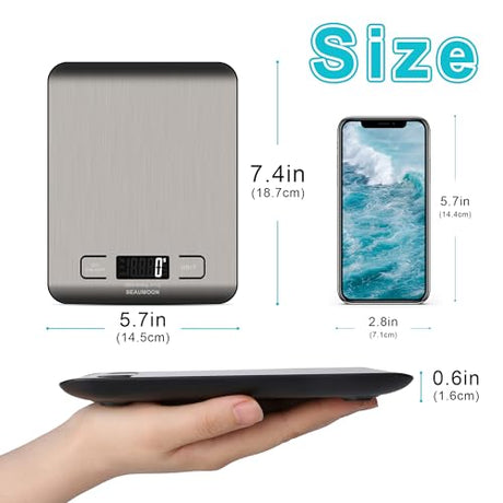 Food Scale Kitchen-Scale 11lb/5kg Food Scale for Kitchen Stainless Steel LCD Display Tare Function (g/oz/ml) for Meal Prep Coffee (Batteries Included) SEAUMOON