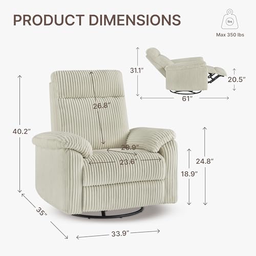 KISLOT Swivel Rocker Recliner for Adults, Corduroy 360 Degree Swivel Glider Recliner Manual 3-Position Adjustable Easy Assembly for Small Space Living Room Nursery Bedroom