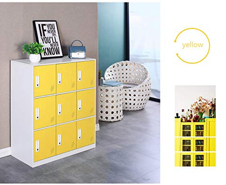 Reccmeny 9 Doors Metal Locker Girls Bedroom and Playroom Storage for Bags,Toys and Book, Office Cabinet Locker for Employee (Yellow) Reccmeny