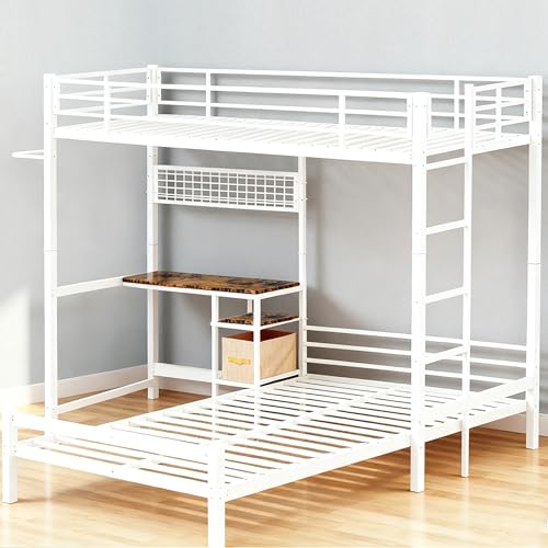 KEIKI Twin Over Twin Size Bunk Bed with Desk, L-Shaped Metal Bunk Bed Storage Shelves, Loft Beds with Safety Guardrail and Ladder for Teen, White KEIKI