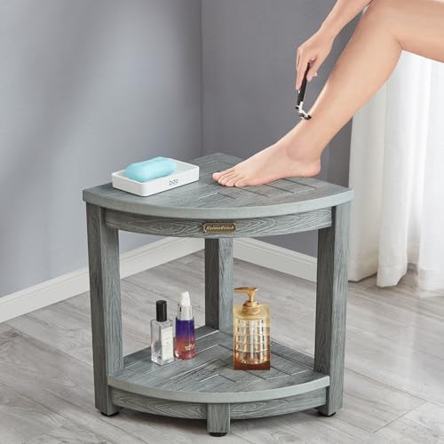Waterproof Shower Bench for Inside Shower, Gray HDPS Corner Shower Stool for Shaving Legs, Poly Lumber Shower Foot Seat, Plastic Bathroom Shower Bench Seat with Storage Shelf, Non-Slip/No-Maintenance KaimuBench
