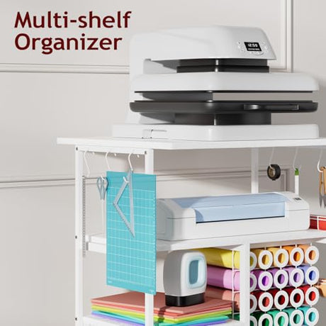 Homsorout Movable Heat Press Table - 6-Tier Heat Press Stand with Drawers and Vinyl Roll Holder, Craft Cabinet Table Compatible for Cricut Craft Cutting Machine Stand Workstation (White) Homsorout