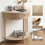 Wnutrees Rattan Half Moon Console Table, Modern Entryway Table with Drawer, Boho Sofa Table with Bottom Storage Shelf, Small Semicircular Tables for Hallway, Living Room, Natural Wnutrees