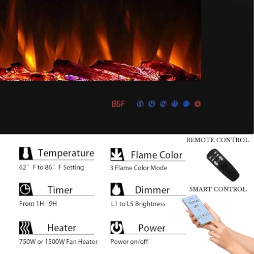 36" WiFi Smart Recessed Electric Fireplace Insert, 5 Flame Settings, Log Set or Crystal Options, Temperature Control by Touch Panel & Remote & App, 750/ 1500W Heater, Compatible with Alexa Masarflame
