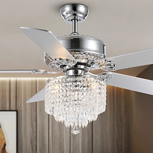 Moooni 52 Inch Modern Crystal Ceiling Fan with Lights and Remote, Elegant Chandelier Fan Light KIt Fandelier with 5 Wooden Blades for Bedroom Living Room Silver Moooni