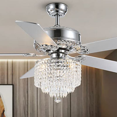 Moooni 52 Inch Modern Crystal Ceiling Fan with Lights and Remote, Elegant Chandelier Fan Light KIt Fandelier with 5 Wooden Blades for Bedroom Living Room Silver