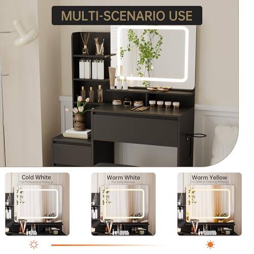 GarveeHome Vanity Desk with Mirror and Lights, Makeup Vanity with Power Outlet, 3 Color Adjustable Light, Dressing Table with 4 Drawers, Storage Shelves & Stool for Bedroom, Black GarveeHome