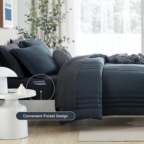 Monbix Queen Comforter Set - 7 Pieces Blue Gray Bed in a Bag Queen Bedding Sets with Comforters, All Seasons Comforter Bed Set with Sheets,Pillowcases & Shams Monbix