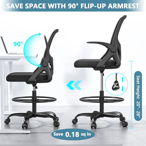 Kensaker Tall Drafting Chair with Footrest Ring for Home and Work, Ergonomic Home Desk Office Chair with Flip up Arms and Lumbar Support, Extended Height Executive Desk Office(Black) Kensaker