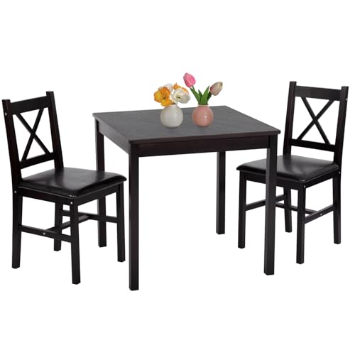 FDW | 3-Piece Solid Wood Dining Table | Dark Brown | Pine Kitchen Table with Upholstered Chairs | Space-Saving Design | Smooth Easy-to-Clean Surface | for Dining Room, Apartment, Restaurant FDW