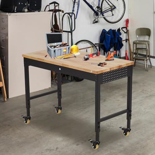 60" Adjustable Workbench with Power Outlet, Heavy Duty 2000 LBS Load Solid Hardwood Garage Work Table for Workshop, Office, Garage, Home with Wheels EcoSummer