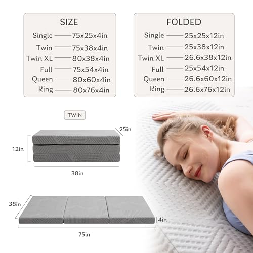 Tri-Fold Memory Foam Mattress, 4 inch Twin Folding Mattress with Collapsible and Washable Cover, Travel and Guest Mat, 75"×38"×4", Grey