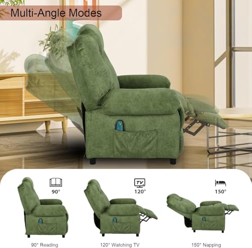 KCREAM Overstuffed Push Back Recliner Chair for Living Room, Mid Century Fabric Heated Massaging Reclining Chair Small Recliner Chair with Heat and Massage, Green