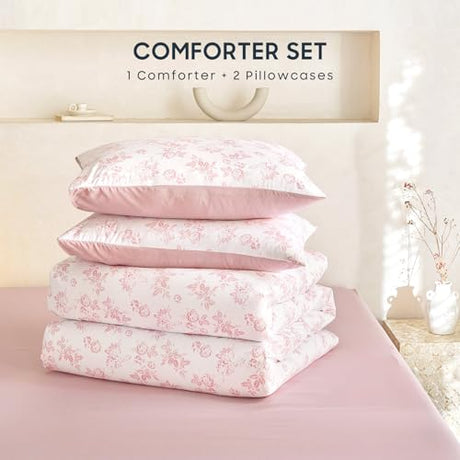 Wake In Cloud - Cottagecore Comforter Set, Floral Vintage Flower Shabby Chic Coquette Aesthetic for Women Teen Girls, Soft Lightweight Dorm Bedding, 3 Pieces, Pink, Full Size Wake In Cloud
