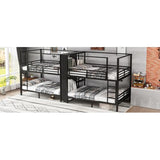 Full Size Quadruple Metal Bunk Bed with Wardrobe & Storage Shelves, Quadruple Metal Bunk Bed Frame with Noise-Reduced Design (Black/Full) MERITLINE