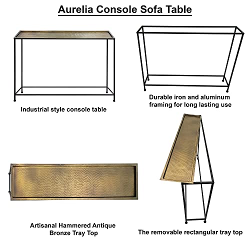 The Urban Port Aurelia 48-Inch Console Sofa Table, Artisanal Hammered Antique Bronze Tray Top, Industrial Black Iron Frame The Urban Port