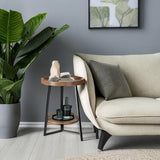 Gadroad Round End Table with Storage Shelf, 2 Tier Farmhouse Side Table Nightstand for Living Room, Bedroom, Wood Tabletop & Black Metal Frame, Brown 15.7 * 15.7 * 23.0inches Gadroad