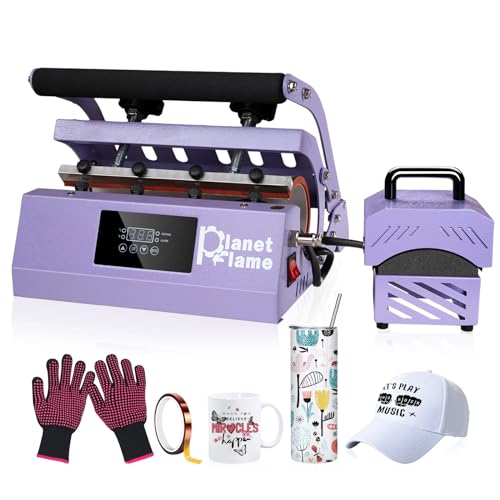 PlanetFlame Tumbler and Hat Heat Press Machine, 2-in-1 Combo Machine for Cup and Cap with Gloves and High Temp Heat Resistant Tape for 11oz-30oz Sublimation Tumbler and All Caps, Purple PlanetFlame