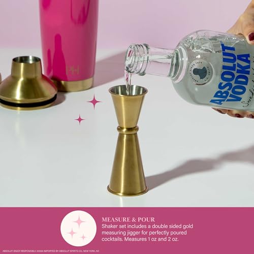 Paris Hilton 2-Piece Cocktail Shaker Set, Double Wall Insulated Stainless Steel Mixer with Built-In Strainer and Double-Sided Jigger, 20-Ounce, Gold and Hot Pink Paris Hilton