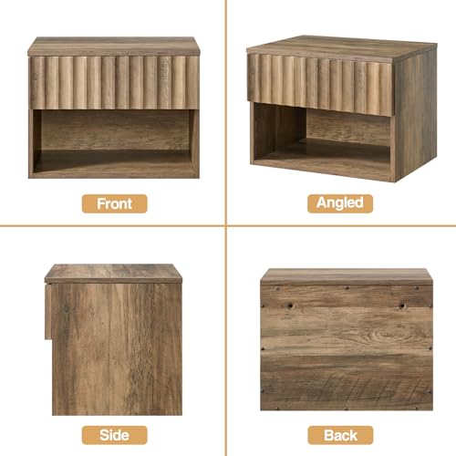 BuildHom Floating Nightstand with Fluted Drawer - Modern Wall Mounted Bedside Table with Open Storage Shelf, Small Night Stand TV Stand for Bedroom(Rustic Brown, Set of 2) BuildHom