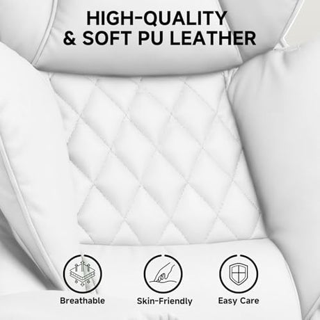 COMHOMA Big and Tall Gaming Chair with Pocket Spring Lumbar Support, Ergonomic Office Chair with Footrest, Executive Desk Chair with Outward Fixed Soft Armrests, Computer Chair with High Back, White COMHOMA