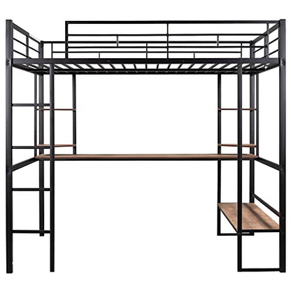 SOFTSEA Heavy-Duty Full Size Metal Loft Bed with Integrated Desk and Storage Shelves - WoodArtSupply