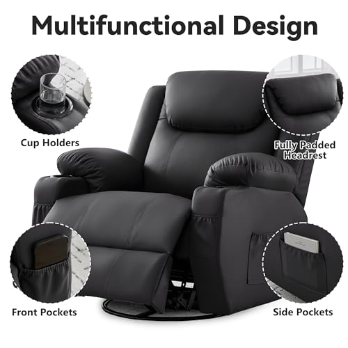 Korser Oversized Recliner Chair, 360° Swivel Recliner for Adults,Swivel Rocker Recliner Chair with Heat and Massage, Manual Recliner with Remote Control and Cup Holders for Living Room, Faux Leather Korser