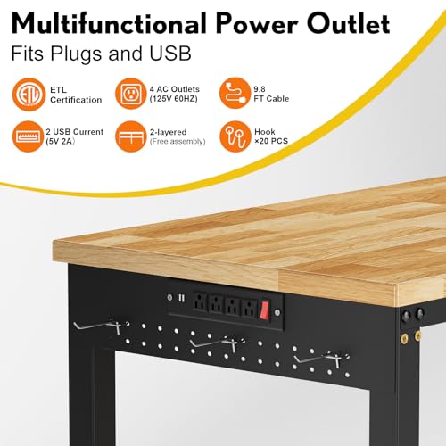 96” Adjustable Work Bench, 2-Layer Heavy Duty Workbench, 6000 LBS Capacity Workbench with Pegboard & Power Outlet, Rubber Wood Work Table for Garage, Office, Workshop, Home FIXCHIGO