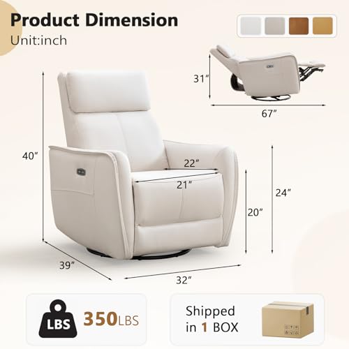 HAOMARKETS Electric Swivel Rocker Recliner Chair, Power Faux Leather Glider Rocking Recliners for Adults,360° Swivel Nursery Reclining Sofa with USB Charging Port, White