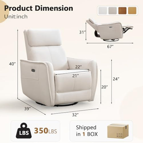 HAOMARKETS Electric Swivel Rocker Recliner Chair, Power Faux Leather Glider Rocking Recliners for Adults,360° Swivel Nursery Reclining Sofa with USB Charging Port, White HAOMARKETS