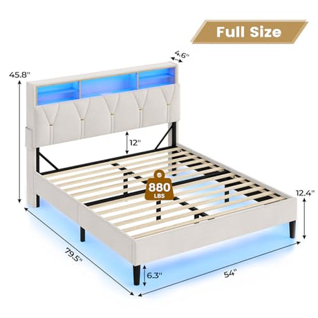 BTHFST Full Size Bed Frame with Headboard Storage & LED Lights, Platform Bed Frame Full Size with Charging Station, Velvet Upholstered Bed with Shelf Headboard, No Box Spring Needed, Creamy White BTHFST