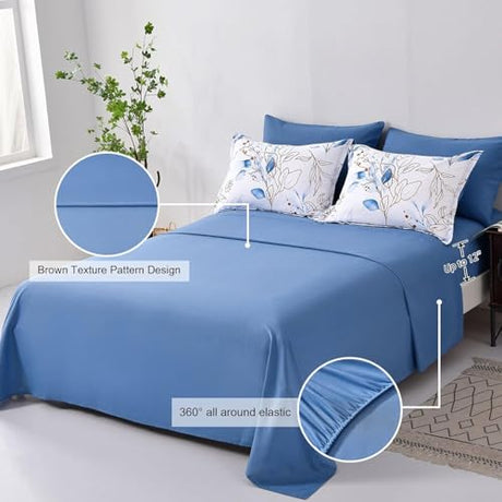 WONGS BEDDING 7 Pieces Blue Floral Bed in a Bag King, Botanical Comforter Set Reversible Blue Gold Leaves Bedding Set King (1 Comforter,2 Pillowcase,2 Pillow Shams,1 Flat Sheet,1 Fitted Sheet) WONGS BEDDING